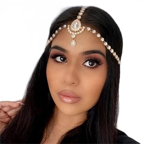 Catery Head Chain Jewelry Crystal Hair Chains Boho Headpiece Pendant Head Chain Hair Jewelry Hair Accessories for Women and Girls (Gold)