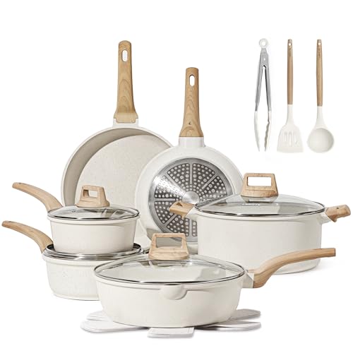 CAROTE 16 Piece Pots and Pans Set Nonstick, White Granite Cookware Sets Induction Cookware, Non Stick Cooking Set w/Frying Pans & Saucepans (PFOS, PFOA Free)