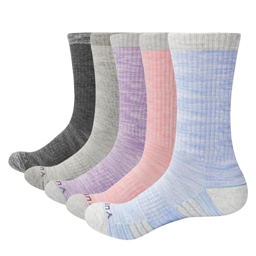YUEDGE Women's Moisture Wicking Cotton Athletic Cushioned Crew Socks Outdoor Recreation Hiking Socks For Women Size 9-11, 5 Pairs