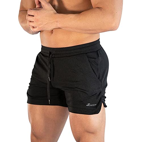 Surenow Mens Running Gym Shorts 3 Inch Breathable Lightweight Athletic Sport Shorts Training Workout Shorts with Pockets Black