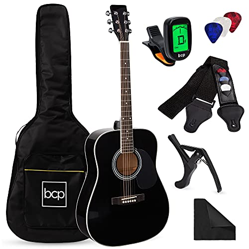 Best Choice Products 41in Full Size Beginner All Wood Acoustic Guitar Starter Set w/Case, Strap, Capo, Strings, Picks, Tuner - Black
