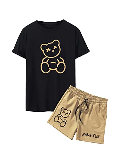 GORGLITTER Men's Casual 2 Piece Outfits Bear Graphic Print Tee and Drawstring Waist Track Shorts Set with Pockets Black and Brown Small