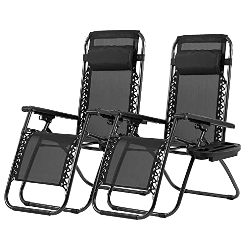 PayLessHere Lounge Chair Set of 2 Adjustable Zero Gravity Chair Beach Chair Folding Lawn Patio Chair with Removable Pillow and Cup Holder for Poolside Backyard Lawn Beach,Black