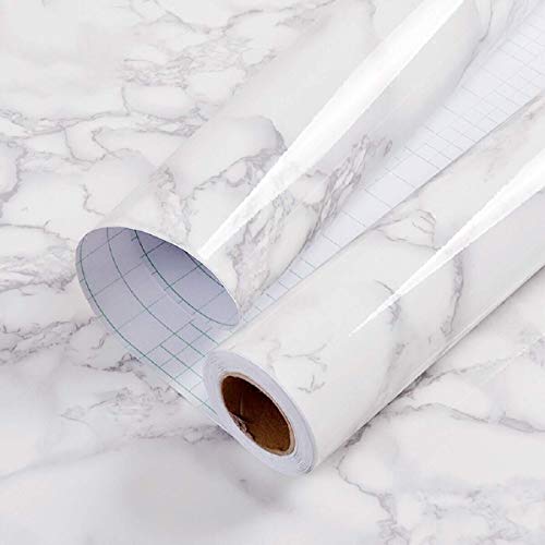 practicalWs Glossy Marble Wall Paper Granite White/Grey Kitchen Countertop Cabinet Furniture Refurbishment Thick Removable Wallpaper Peel and Stick Vinyl Roll Easy to Use 11.8'x78.7'