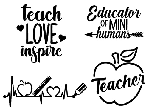 Teacher Decals 4 Pack: Teach Love Inspire, Teacher Heartbeat, Apple, Educator of Little Humans (Small ~3.5', Black)
