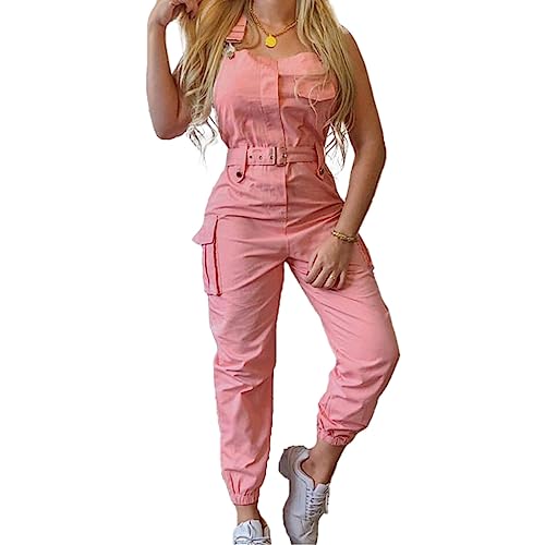 Sleeveless Cargo Jumpsuits for Women Casual One Piece Dressy Rompers Tie Waist Cropped Overalls Pink