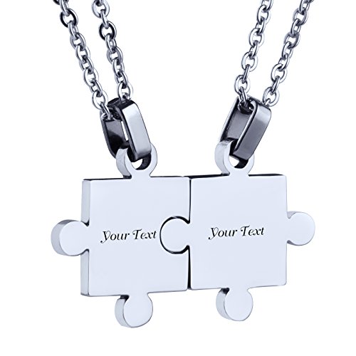 Custom Engraving Name/Date Stainless Steel Matching Jigsaw Puzzle Pendant Chain Necklace For Couple's Gift (silver)