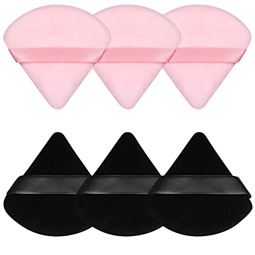 Pimoys 6 Pieces Powder Puff Face Makeup Sponge Soft Velour Triangle Powder Puffs for Loose Powder Setting Powder Cosmetic Foundation Beauty Sponge, Stocking Stuffers Gift for Women (Black, Pink)