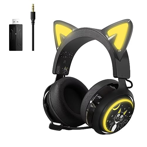 SOMIC Cat Ear Headphones, 2.4G/Bluetooth Wireless Gaming Headset for PS5, PS4, PC with RGB Lights and Retractable Mic, 10Hrs Playtime, 7.1 Surround Sound for Laptop, Smartphone-GS510 Pro - Black