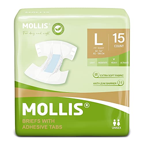 MOLLIS Adult Diapers for Women and Men, Unisex Disposable Incontinence Briefs with Tabs, Maximum Absorbency, Overnight Leak Protection, Large, 15 Count