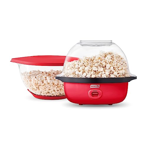DASH SmartStore Deluxe Stirring Popcorn Maker, Hot Oil Electric Popcorn Machine with Large Lid for Serving Bowl and Convenient Storage, 24 Cups – Red