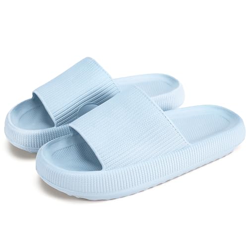 rosyclo Cloud Slippers for Women and Men, Massage Shower Dorm Non-Slip Quick Drying Open Toe Super Soft Comfy Thick Sole Home House Cloud Cushion Slide Sandals for Indoor Platform Shoes,Baby Blue