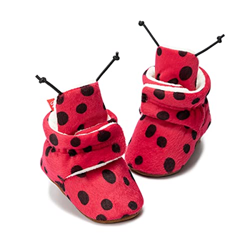 Meckior Unisex Newborn Baby Cozy Cotton Ladybug Booties Toddler Boys Girls Fleece Winter Keep Warm Socks Shoes Infant Cartoon Crib Boots First Walker Shoes Soft House Slippers 0-18 Months