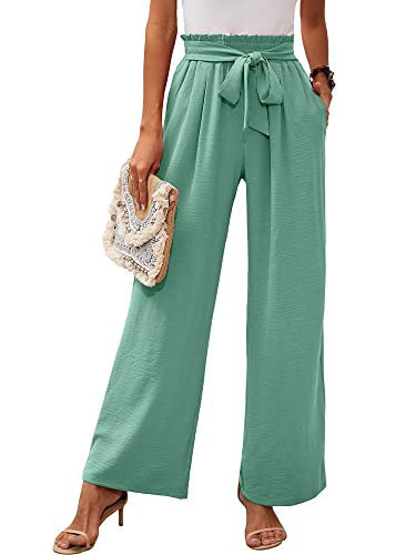 Heymoments Women's Wide Leg Lounge Pants with Pockets Mint Green Large Lightweight High Waisted Adjustable Tie Knot Loose Comfy Casual Trousers