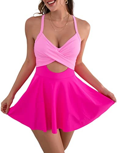 B2prity Women Cutout One Piece Skirt Swimsuit V Neck Wrap Tie Back Swimdress Tummy Control Bathing Suit(Hot Pink)