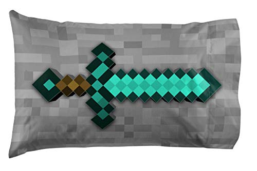 Jay Franco Minecraft Diamond Life 1 Pack Pillowcase - Double-Sided Super Soft Bedding - Featuring Minecraft's Sword & Pickaxe (Official Minecraft Product)