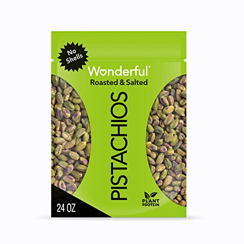 Wonderful Pistachios, No Shells, Roasted & Salted Nuts, 24 Ounce Resealable Bag, Good Source of Protein, Gluten Free, On the Go Snack