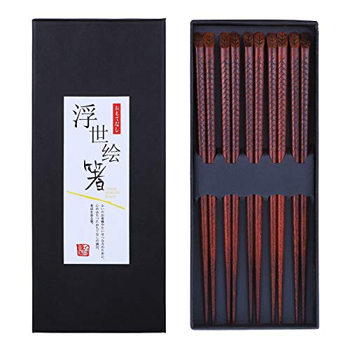 Antner 5 Pairs Hardwood Chopsticks Japanese Style Reusable Hand-Carved Chopsticks Natural Wood Chop Sticks with Gift Box, Dishwasher Safe