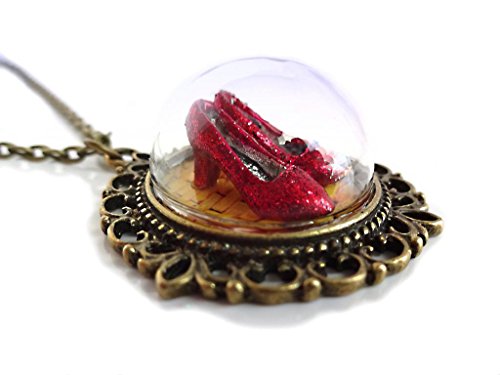 Little Gem Girl The Wonderful Oz Ruby Red Slippers on the Yellow Brick Road Glass Dome Necklace