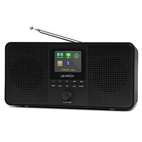 LEMEGA IR4S Stereo WiFi Internet Radio,FM Digital Radio, Spotify Connect, Bluetooth Speaker, Dual Alarms Clock, 40 Presets, Headphone-Output, Batteries or Mains Powered – Black Finish