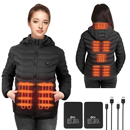 Women’s heated jacket with 2pack 10000mAh Battery Pack, QTREE Lightweight Heated Coat with 8 Areas Heating, Water Resistant and Detachable Hood Winter Heating Cloths(L)