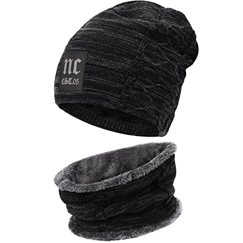 Fantastic Zone 2-Pieces Winter Beanie Hat Scarf Set Warm Knit Hat Thick Fleece Lined Winter Hat and Scarf For Men Women,Black-2,One Size