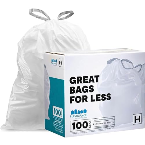 Plasticplace Custom Fit Trash Bags, Compatible with simplehuman Code H (100 Count) White Drawstring Garbage Liners 8-9 Gallon / 30-35 Liters, 18.5' x 28'