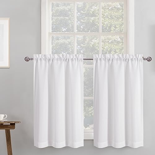 Chyhomenyc 2 Panels White Kitchen Curtains 36 Inch Length Tier Curtains, Faux Linen Textured Small Cafe Curtains, Light Filtering Short Window Curtains for Bathroom Basement, Each 30x36 inch