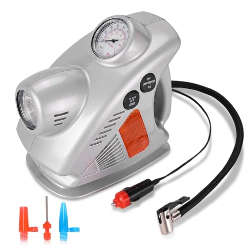 Hoteche 3-in-1 Auto Tire Inflator 12V DC 100 PSI Portable Air Compressor with Gauge, Worklamp and Flashlight