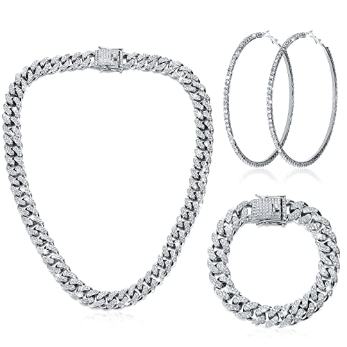 Batiyeer Link Chain Necklace Bracelet Rhinestone Earrings Bling Necklace Bracelet Crystal Big Circle Earring for Women (Silver,16 Inch)