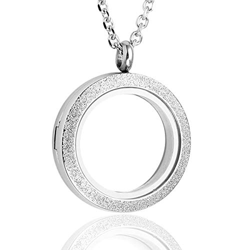 Zysta Silver Round Locket Pendant Necklace 30mm Glossy Stainless Steel Clear Glass Living Memory Floating Charms Stone Storage