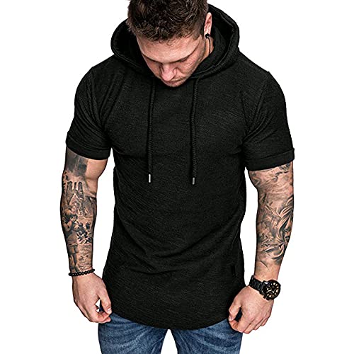 Wowcarbazole Men's Gym Hoodies Workout Sweatshirts Short Sleeve Athletic Muscle T-Shirts Pullover(Black-L)