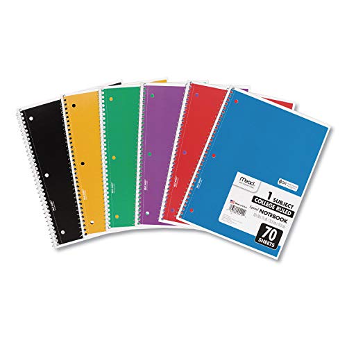 Mead Spiral Notebooks, 6 Pack, 1 Subject, College Ruled Paper, 7-1/2' x 10-1/2', 70 Sheets per Notebook, Color Will Vary (73065)
