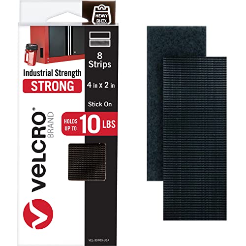 VELCRO Brand Heavy Duty Fasteners | 4x2 Inch Strips with Adhesive 8 Sets | Holds 10 lbs | Black Industrial Strength Stick On Tape | Indoor or Outdoor Use (VEL-30703-USA), 8 Count (Pack of 1)