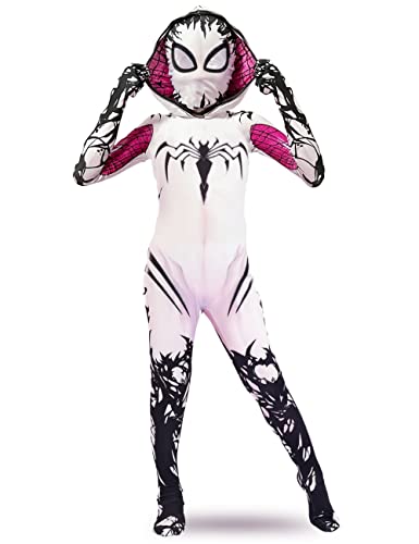 Liokoon Girls Spider Costume Kids White Spider Superhero Cosplay Mask Jumpsuit Bodysuit for Kids Toddler Girls Aged 3-12(White,Kids-XS)