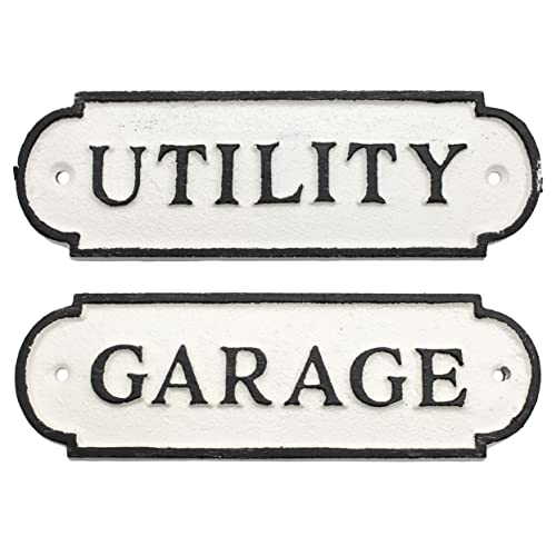 AuldHome Cast Iron Garage/Utility Signs (Set of 2); Black and White Rustic Room Signs