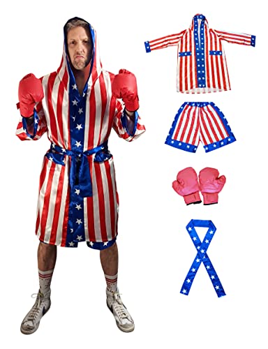 American Flag Boxing Costume - Everything Included - USA Robe - American Flag Stretchy Shorts - Stars Belt - Boxing Gloves - All in One Boxer Costume