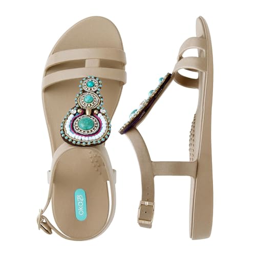 Oka-B Women's Morgan Esme Flat Sandal with Straps,Chai with Beaded Turquoise Medallion Charm, Size 7 M