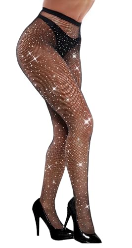 VEBZIN Black Sparkly Fishnet Stockings for Women Tights Rhinestone Diamond Fishnets Leggings High Waist Stockings