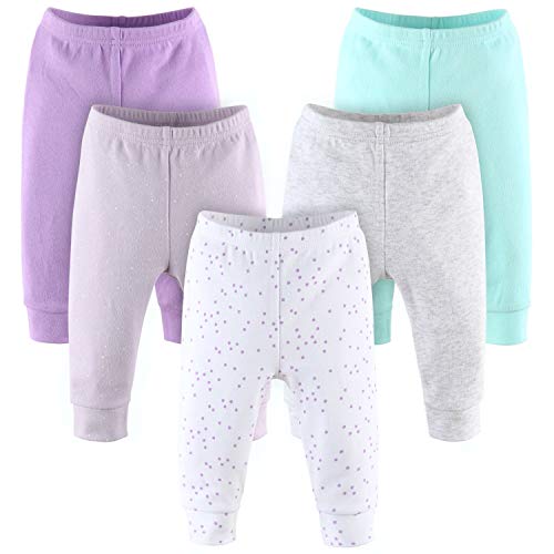 The Peanutshell Pastel Baby Pants Set | 5 Pack in Purple, Grey, & Mint | Newborn to 24 Month Sizes (12 Months)