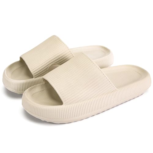 rosyclo Pillow Slides for Womens and Mens, Cloud Foam Summer Pool Beach Spa Anti-slip Zapatillas Ultra Comfy Thick Sole Home House Recovery Cloud Cushioning Slides Sandles,Size 10 10.5 Tan Beige
