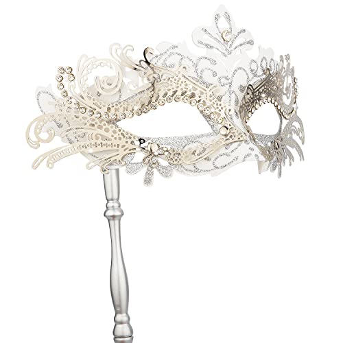 Hoshin Masquerade Mask with Stick, Mardi Gras Deecorations Venetian Masks for Womens (White)