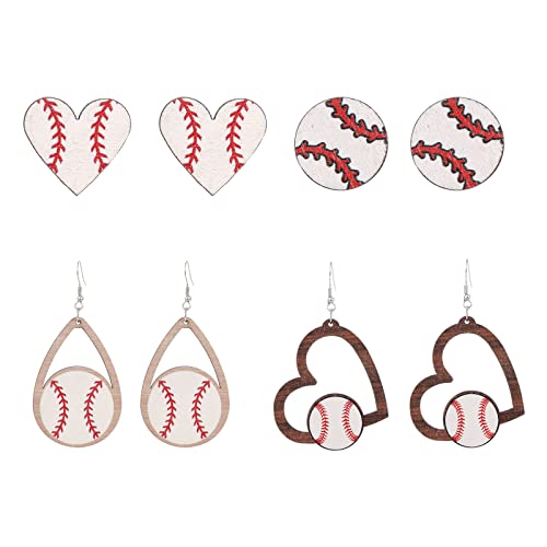 Baseball Earrings 4 Pairs Wood Sports Earrings for Women Handmade Basketball Drop Dangle Earrings Holiday Party Game Jewelry Gifts