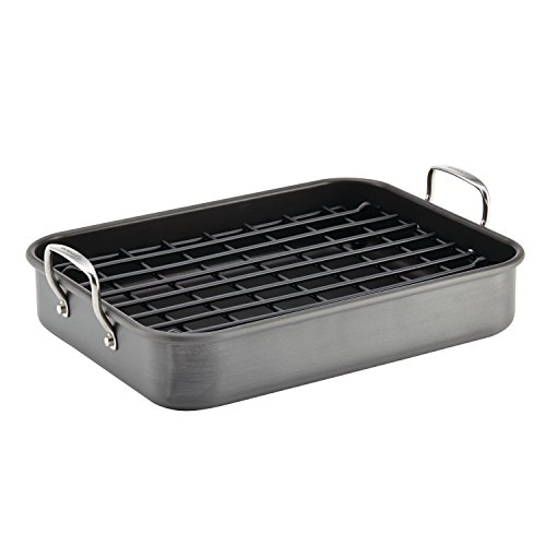 Rachael Ray Brights Hard Anodized Nonstick Roaster / Roasting Pan with Rack - 16 Inch x 12 Inch, Gray