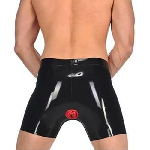 Men Black Latex Shorts Half Pants Front Crotch Zipper with Red Anus Anal Condom Middle Trousers Tight High Elastic (Medium)