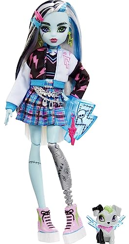 Monster High Doll, Frankie Stein with Blue & Black Streaked Hair in Signature Look with Fashion Accessories & Pet Dog Watzie