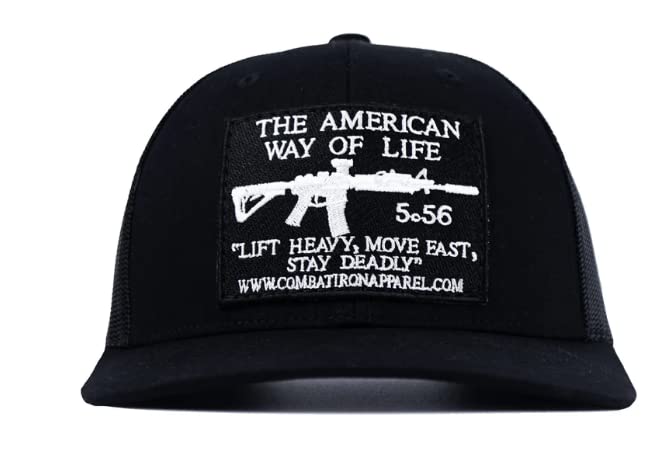 Combat Iron AWOL - American Way of Life 5.56 Black Patch Mid-Profile Mesh Snapback Baseball Hat (Black/Black)