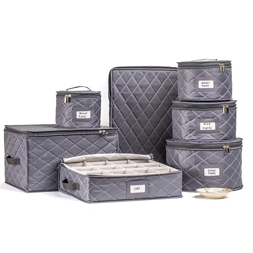 Teemto China Storage Containers Quilted. 7PC Dishes Storage Kit with 48 Cut-to-Size Felt Inners. Fine China Storage, Plate Platter Storage, Glass and Dish Storage, Crystal Stemware, Moving Supplies