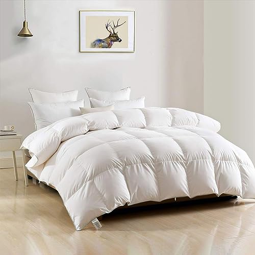 DWR Lightweight Feathers Down Comforter King, All Season Thin Goose Down Duvet Insert with Ties, Ultra-Soft Egyptian Cotton Cover, 750 Fill-Power 35oz for Hot Sleepers/Warm Weather(106x90, White)