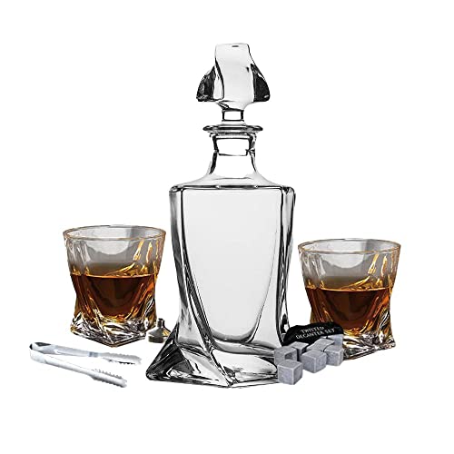 Mikamax – Twisted Decanter Set – Whiskey Decanter and Glass Set – 2 Glasses – 9 Whisky Stones – Wooden Gift Box